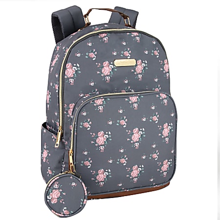 Jessica Simpson Backpack With 15” Laptop Sleeve And Phone Purse, Gray Floral