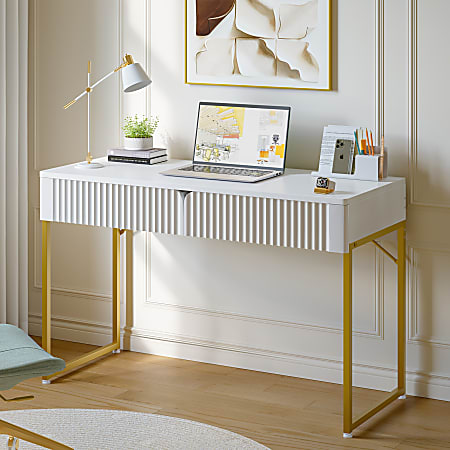 Bestier Fluid 48"W Computer Desk With 2 Storage Drawers, White