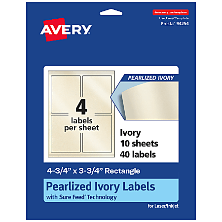 Avery® Pearlized Permanent Labels With Sure Feed®, 94254-PIP10, Rectangle, 4-3/4" x 3-3/4", Ivory, Pack Of 40 Labels