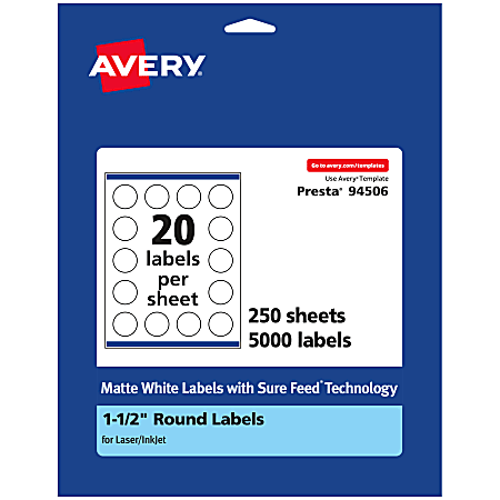 Avery® Permanent Labels With Sure Feed®, 94506-WMP250, Round, 1-1/2" Diameter, White, Pack Of 5,000