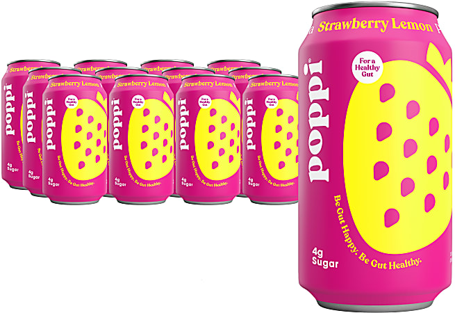 Poppi Sparkling Prebiotic Soda, 12 Fl Oz, Strawberry Lemon, Pack Of 12 Cans