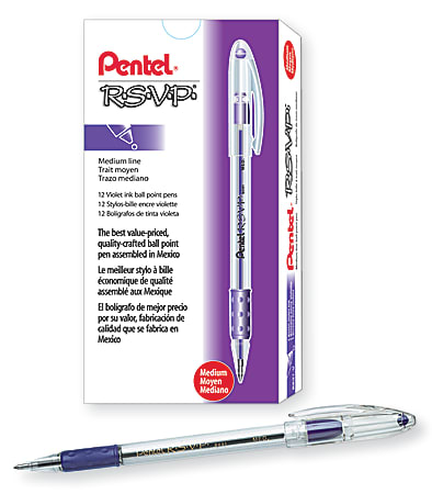 Pentel® R.S.V.P.® Ballpoint Pens, Medium Point, 1.0 mm, Clear Barrel, Violet Ink, Pack Of 12