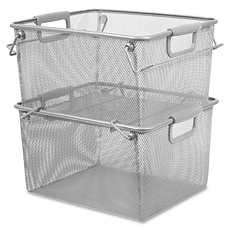 Lorell Carry Handle Stacking Mesh Storage Bin - 2 Tier(s) - Desktop - Sturdy, Swivel, Stackable, Carrying Handle - Silver - Steel, Metal - 2 / Box