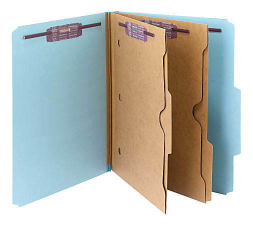 Smead® Pressboard Classification Folders With SafeSHIELD® Fasteners And 2 Pocket Dividers, Letter Size, 100% Recycled, Blue, Box Of 10