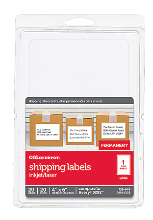 Office Depot® Brand Permanent ID Labels, OD98814, Rectangle, 4" x 6", White, Pack Of 20