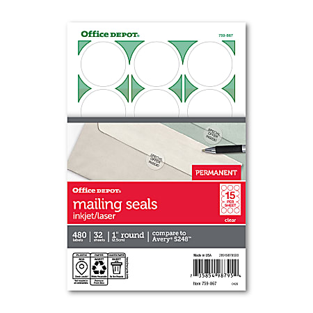 Office Depot&reg; Brand Permanent Mailing Seals, 1" Diameter, Clear, Pack Of 480
