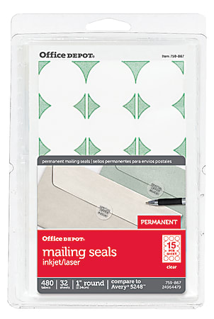 Office Depot® Brand Permanent Mailing Seals, 1" Diameter, Clear, Pack Of 480