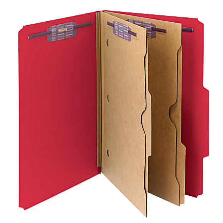 Smead® Pressboard Classification Folders With SafeSHIELD® Fasteners And 2 Pocket Dividers, Legal Size, 100% Recycled, Bright Red, Box Of 10