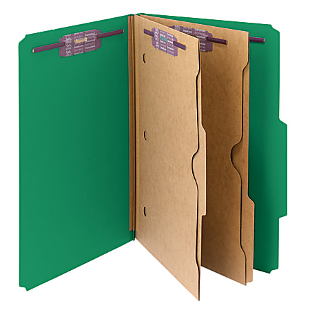 Smead® Pressboard Classification Folders With SafeSHIELD® Fasteners And 2 Pocket Dividers, Legal Size, 50% Recycled, Green, Box Of 10