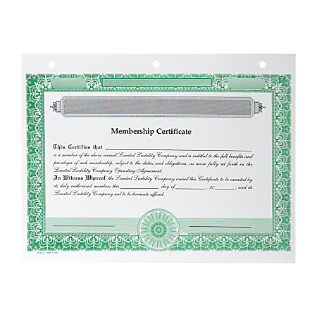 LLC Membership Certificates, Non-Personalized, 3-Hole Punched, 8 1/2 x 11”, Green, Box Of 20
