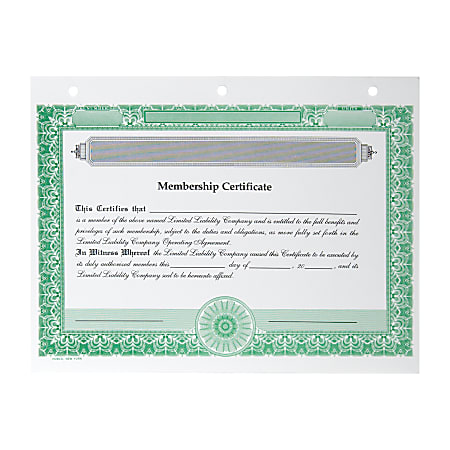 LLC Membership Certificates, Non-Personalized, 3-Hole Punched, 8 1/2 x 11”, Green, Box Of 20