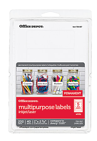 Office Depot® Brand Print-Or-Write Permanent Labels, OD98798, Rectangle, 1" x 2 5/8", White, Pack Of 200