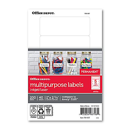 Office Depot® Brand Print-Or-Write Permanent Labels, OD98798, Rectangle, 1" x 2 5/8", White, Pack Of 200