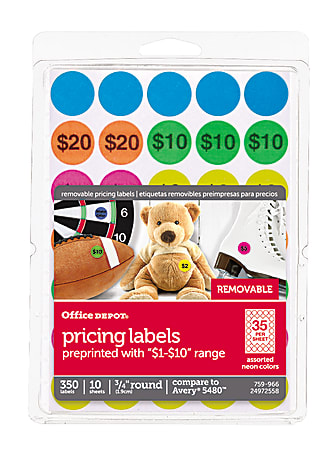 Office Depot® Brand Preprinted Garage Sale Labels, OD98784, Round, 3/4", Assorted Neon Colors, Pack Of 350