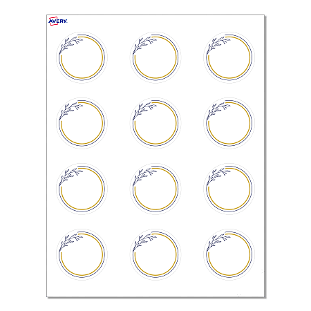 Avery® Print-To-The-Edge Cards With Sure Feed®, S00-D30-PRMWC10, 2" Round, Matte White, Preprinted Gold & Navy Border with Floral Design, Pack Of 120
