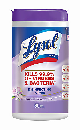 Lysol® Disinfecting Wipes, Early Morning Breeze Scent, 8" x 8", Canister Of 80