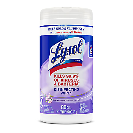 Lysol® Disinfecting Wipes, Early Morning Breeze Scent, 8" x 8", Canister Of 80