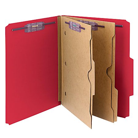 Smead® Pressboard Classification Folders With SafeSHIELD® Fasteners And 2 Pocket Dividers, Letter Size, 100% Recycled, Bright Red, Box Of 10