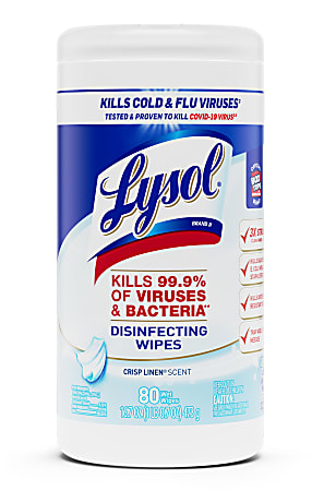 Lysol® Disinfecting Wipes, Crisp Linen Scent, 8" x 8", Canister Of 80