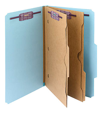 Smead® Pressboard Classification Folders With SafeSHIELD® Fasteners And 2 Pocket Dividers, Legal Size, 50% Recycled, Blue, Box Of 10