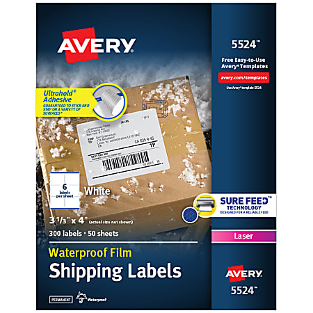 Avery(R) Weatherproof Laser Mailing Labels With TrueBlock Technology 3-1/3" x 4", White, Pack Of 300