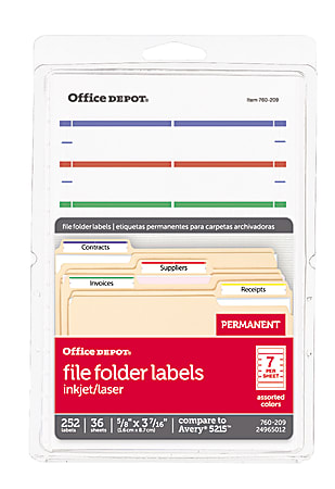 Office Depot® Brand Print-Or-Write Color Permanent Inkjet/Laser File Folder Labels, OD98815, 5/8" x 3 1/2", Assorted Colors, Pack Of 252