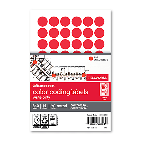Office Depot® Brand Removable Round Color-Coding Labels, OD98801, 1/2" Diameter, Red Glow, Pack Of 840