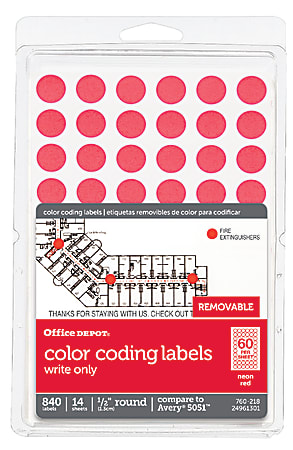 Office Depot® Brand Removable Round Color-Coding Labels, OD98801, 1/2" Diameter, Red Glow, Pack Of 840