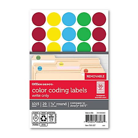 Office Depot® Brand See-Thru™ Removable Color Dots, OD98808, 3/4" Diameter, Assorted Colors, Pack Of 1,015