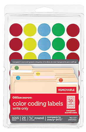 Office Depot® Brand See-Thru™ Removable Color Dots, OD98808, 3/4" Diameter, Assorted Colors, Pack Of 1,015