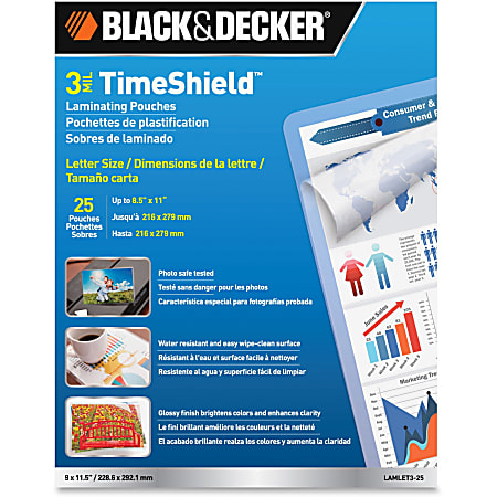 Black & Decker TimeShield Thermal Laminting Pouches, Letter Size, 3 Mil Thickness, Clear, Pack Of 25