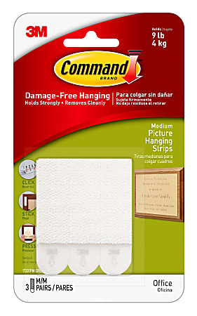 Command™ Damage-Free Picture Hanging Strips, Medium, White, Pack Of 3