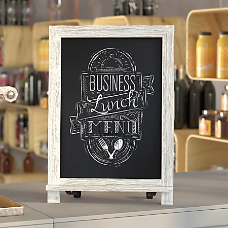 Flash Furniture Canterbury Tabletop Magnetic Chalkboard Sign With Scrolled Legs, Porcelain Steel, 17"H x 12"W x 1-7/8"D, White Wash Wood Frame