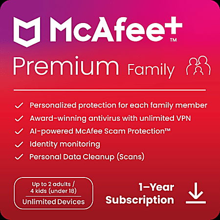 McAfee+ Premium Family Antivirus And Internet Security Software, For Unlimited Devices, 1-Year Subscription, For Windows®/Mac/Android/iOS/ChromeOS, Download