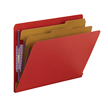 Smead® End-Tab Classification Folders, 8 1/2" x 11", 2 Divider, 2 Partition, Bright Red, Pack Of 10