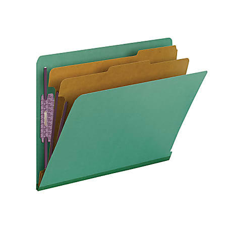 Smead® End-Tab Classification Folders, With SafeSHIELD Fasteners, 8 1/2" x 11", 2 Divider, 2 Partition, Green, Pack Of 10