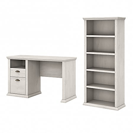 Bush Business Furniture Yorktown 50"W Home Office Computer Desk With 5-Shelf Bookcase, Linen White Oak, Standard Delivery
