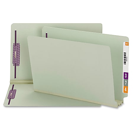 Smead® End Tab Pressboard Fastener Folders with SafeSHIELD®, 8 1/2" x 14", 3" Expansion, Gray/Green, Box Of 25