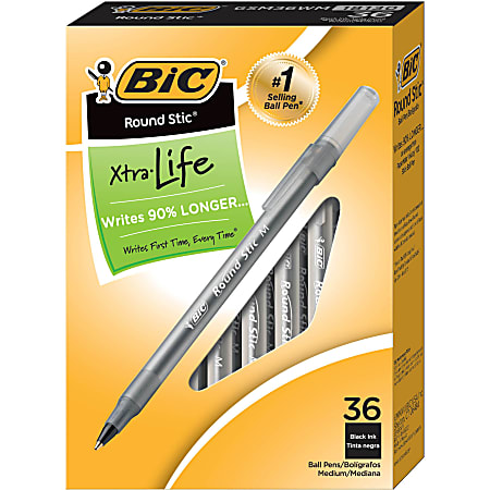 BIC Round Stic Xtra Life Ballpoint Pens, Medium Point, 1.0 mm, Translucent Barrel, Black Ink, Pack Of 36 Pens