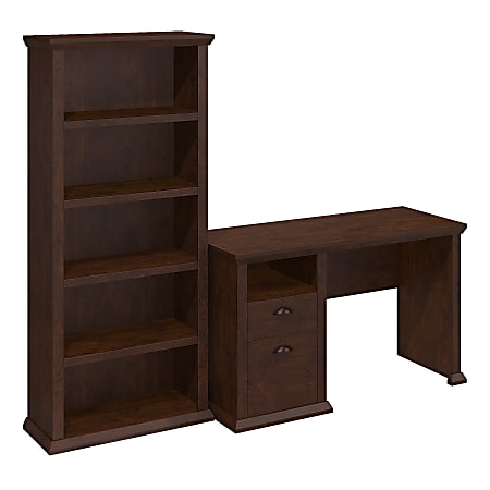 Bush Furniture Yorktown 50"W Home Office Desk And 5-Shelf Bookcase, Antique Cherry, Standard Delivery