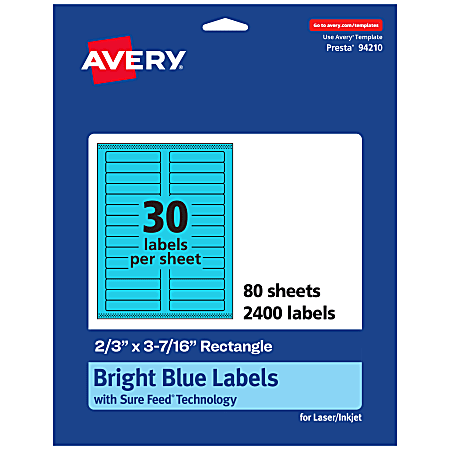Avery® Printable Labels With Sure Feed® Technology, 94210-BBP80, Rectangle, 2/3" x 3-7/16", Matte Bright Blue, Pack of 2400