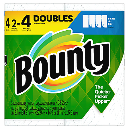 Bounty Select-A-Size 2-Ply Paper Towels, 11" x 5-15/16", White, 98 Sheets Per Roll, 2 Rolls Per Pack, Carton Of 12 Packs