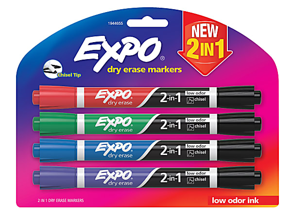EXPO® 2-in-1 Dry-Erase Markers, Chisel Tip, Assorted Ink Colors, Pack Of 4