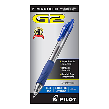 Pilot® G2 Retractable XFine Gel Rollerball Pens, Pack Of 12, Extra Fine Point, 0.5 mm, Blue Ink