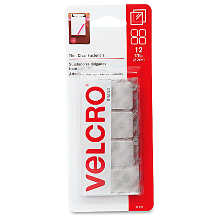 VELCRO® Brand VELCRO Brand Sticky-Bk Hook and Loop Fstnr Squares - 0.88" Length - Adhesive Backing - Adjustable - 12 / Pack - Clear