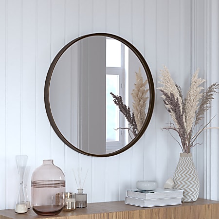Flash Furniture Jennifer Round Metal-Framed Wall Mirror, 27-1/2"H x 27-1/2"W x 2"D, Brushed Bronze