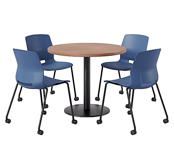 KFI Studios Proof Cafe Round Pedestal Table With Imme Caster Chairs, Includes 4 Chairs, 29”H x 36”W x 36”D, River Cherry Top/Black Base/Navy Chairs
