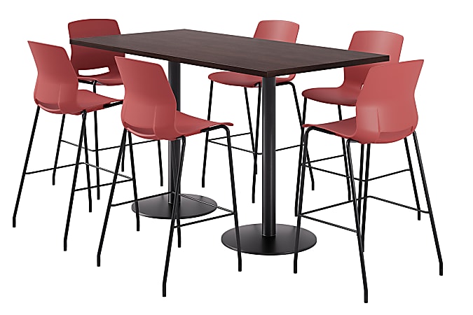 KFI Studios Proof Bistro Rectangle Pedestal Table With 6 Imme Barstools, 43-1/2"H x 72"W x 36"D, Cafelle/Black/Coral Stools