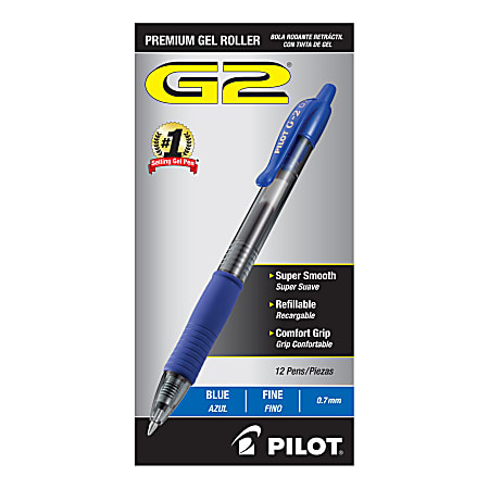 Pilot G2 Retractable Gel Ink Rollerball Pens, Fine Point, 0.7 mm Point, Refillable, Blue, Pack Of 12