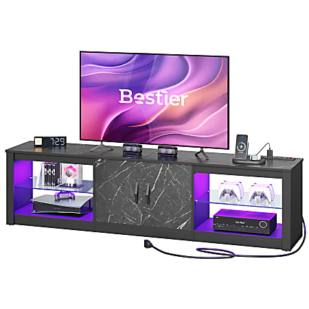 Bestier Modern LED Gaming TV Stand For 75" TVs With 2 Cabinets And Power Outlets, 18-1/2"H x 70-7/8"W x 13-3/4"D, Black Marble